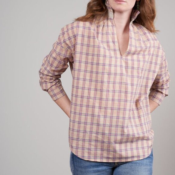 A Shirt Thing Penelope Plaid Ruffle Neck Popover Blouse in Toast/Beige Multi - Picture 1 of 6
